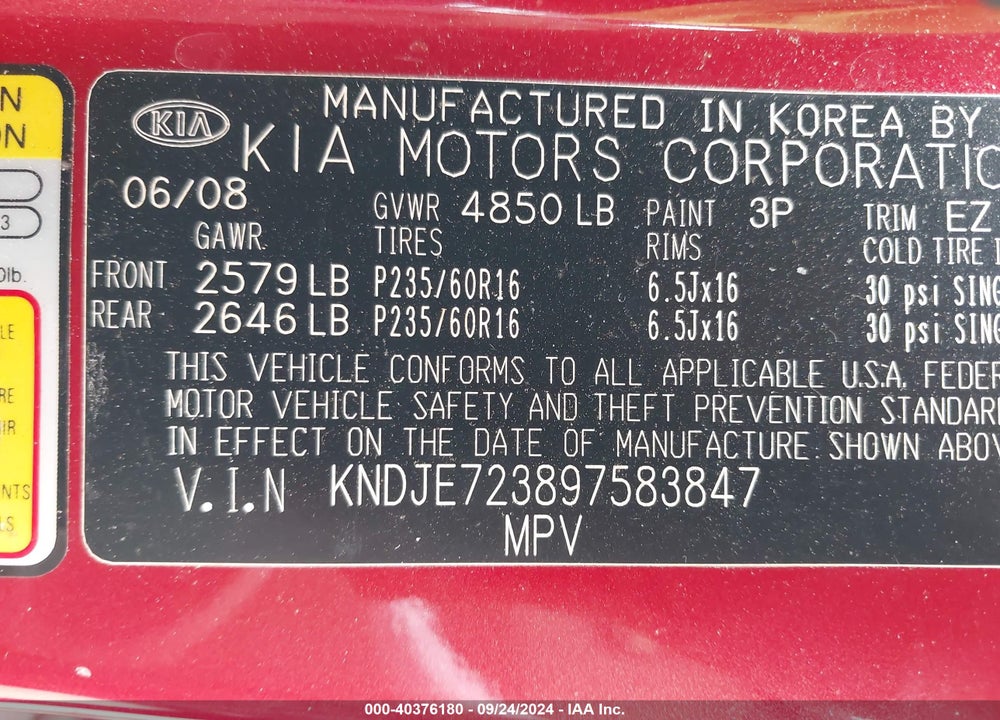 2009 KIA SPORTAGE LX V6 VIN: KNDJE723897583847