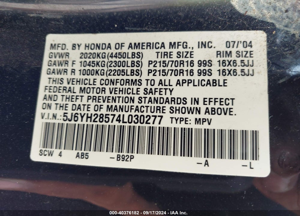 2004 HONDA ELEMENT EX VIN: 5J6YH28574L030277
