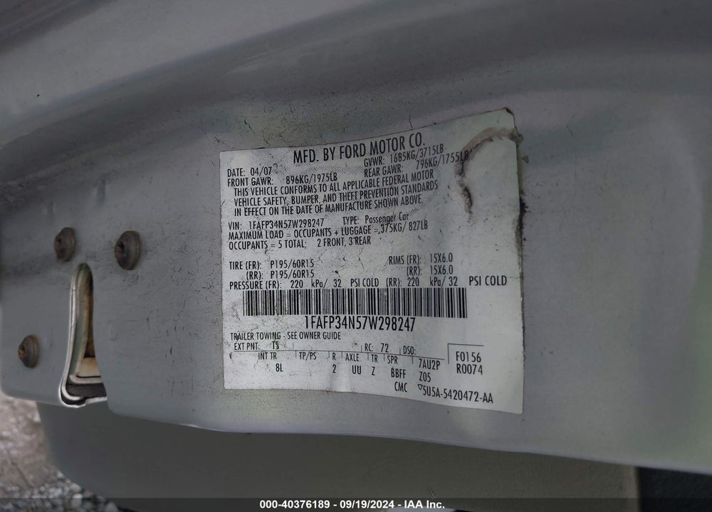 2007 FORD FOCUS S/SE/SES VIN: 1FAFP34N57W298247