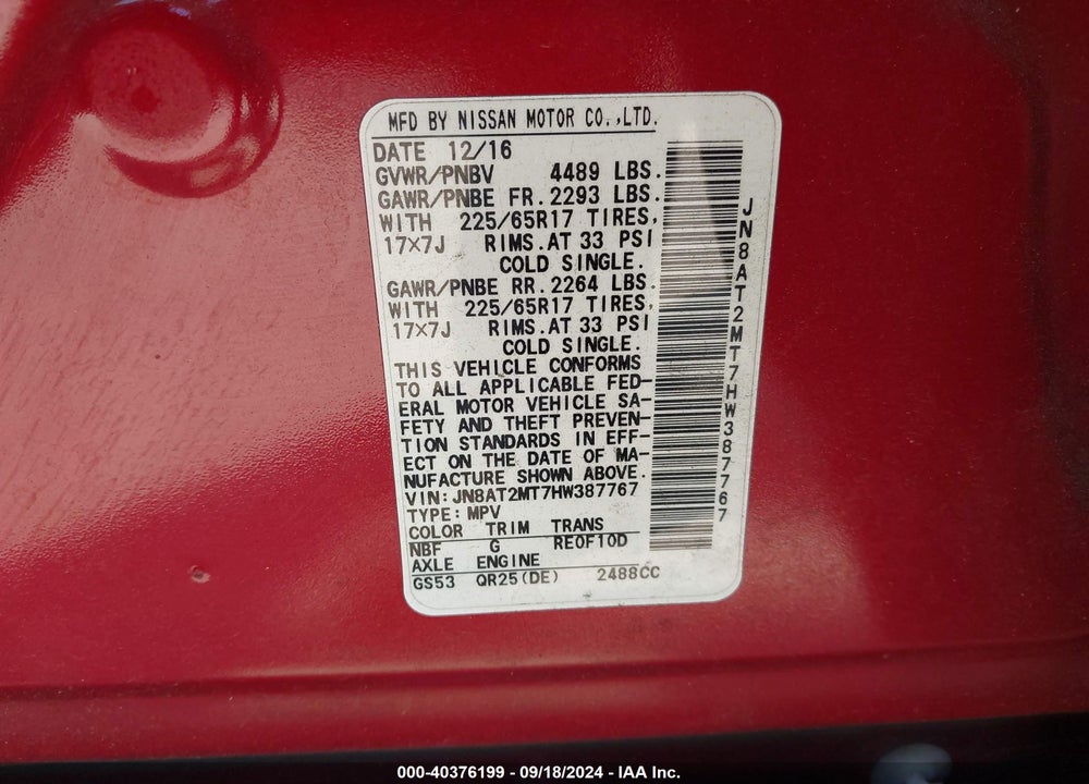 2017 NISSAN ROGUE SV VIN: JN8AT2MT7HW387767