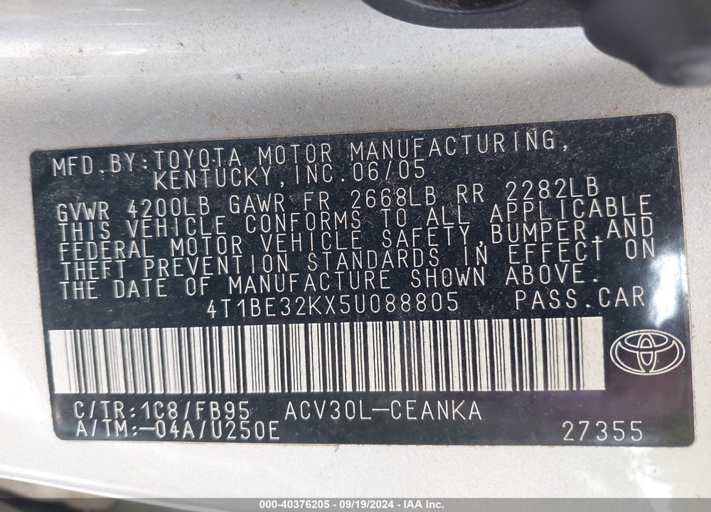 2005 TOYOTA CAMRY STD/ VIN: 4T1BE32KX5U088805
