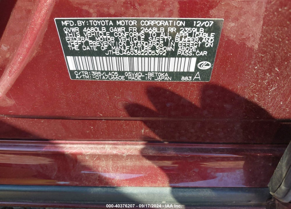2008 LEXUS ES 350 VIN: JTHBJ46G382205392