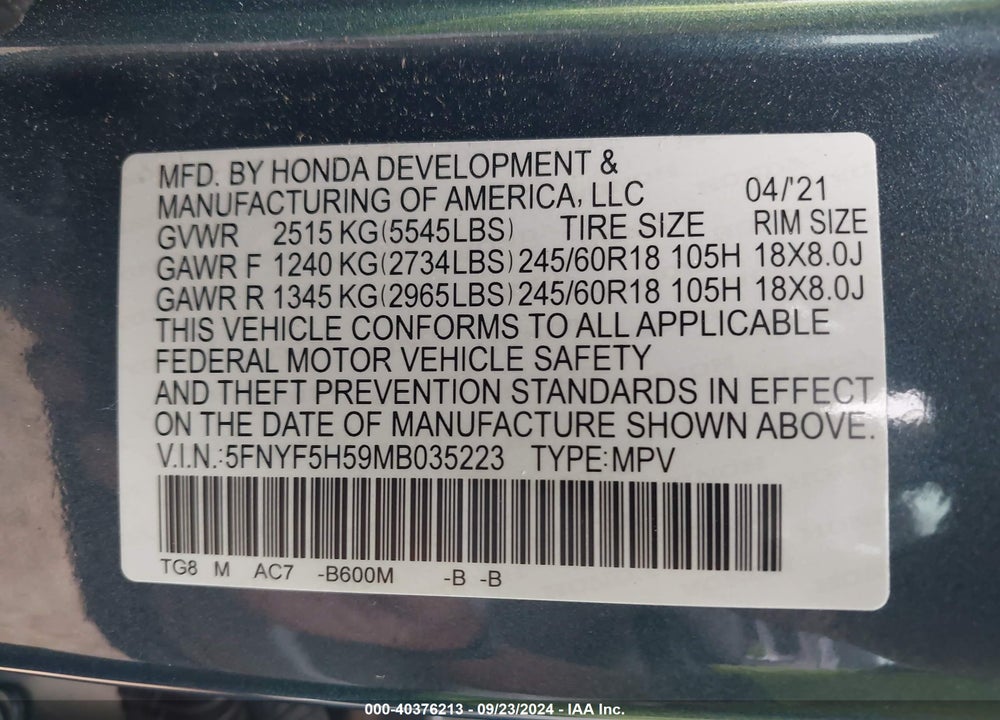 2021 HONDA PILOT 2WD EX-L VIN: 5FNYF5H59MB035223