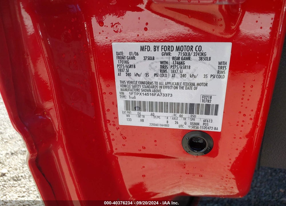 2006 FORD F-150 VIN: 1FTPX14516FA73373