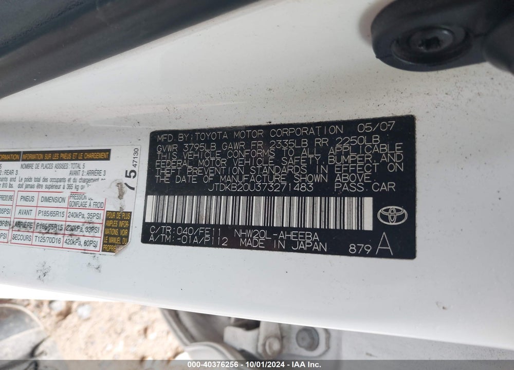 2007 TOYOTA PRIUS VIN: JTDKB20U373271483