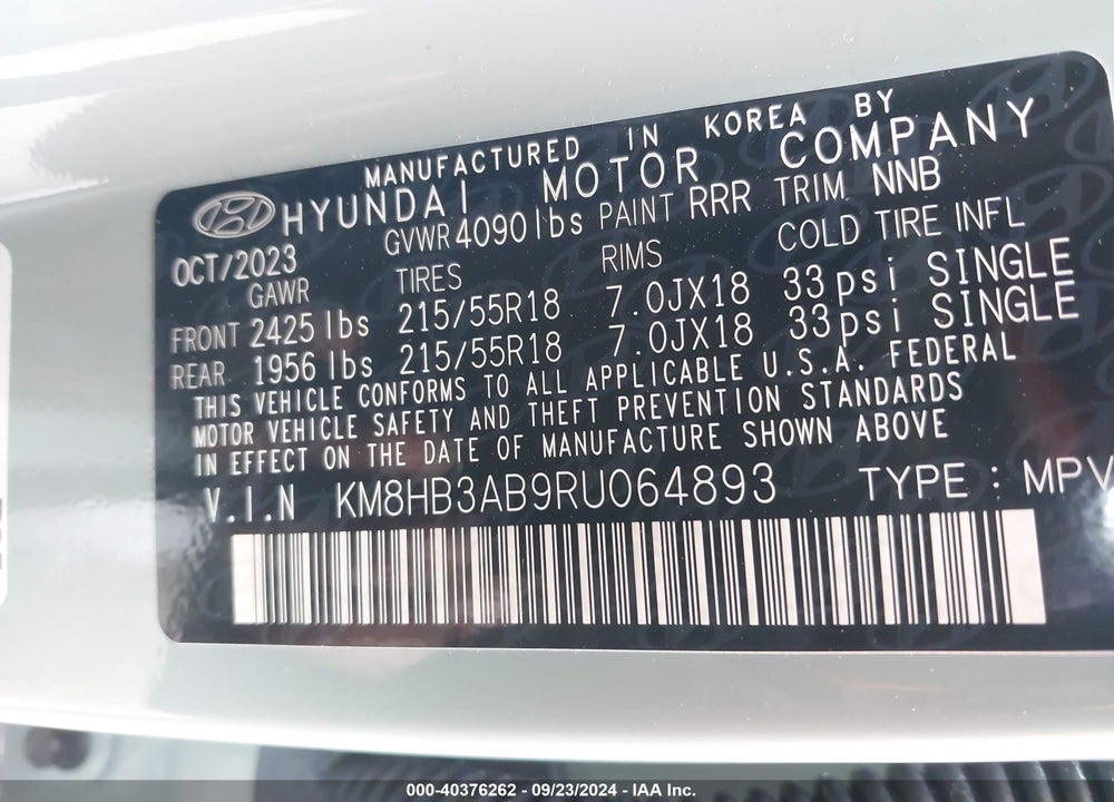 2024 HYUNDAI KONA SEL VIN: KM8HB3AB9RU064893