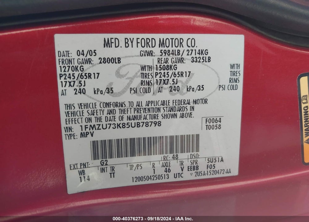 2005 FORD EXPLORER XLT/XLT SPORT VIN: 1FMZU73K85UB78798