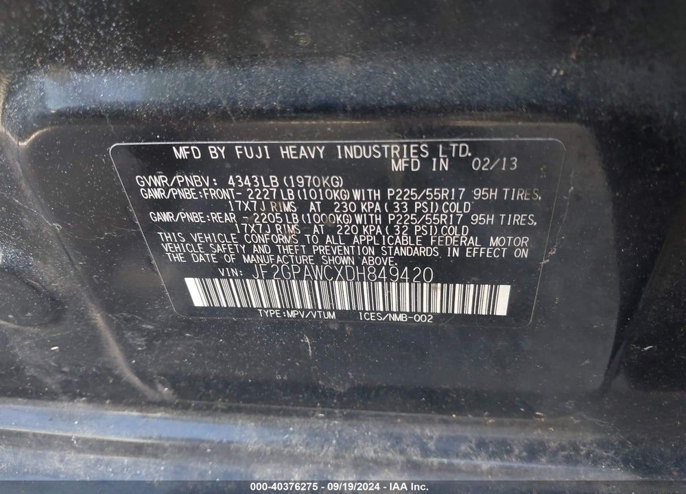 2013 SUBARU XV CROSSTREK 2.0I PREMIUM VIN: JF2GPAWCXDH849420