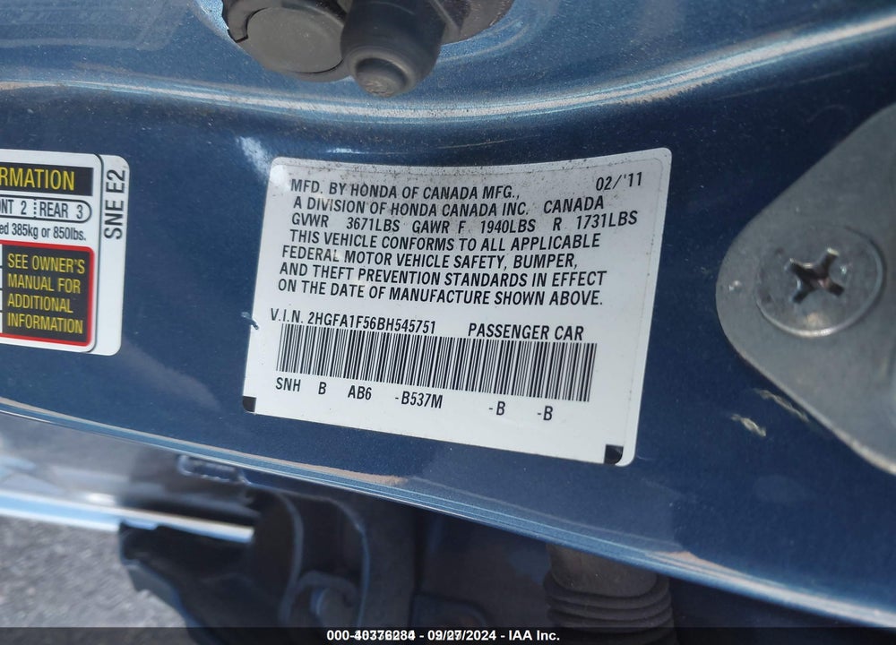 2011 HONDA CIVIC LX VIN: 2HGFA1F56BH545751