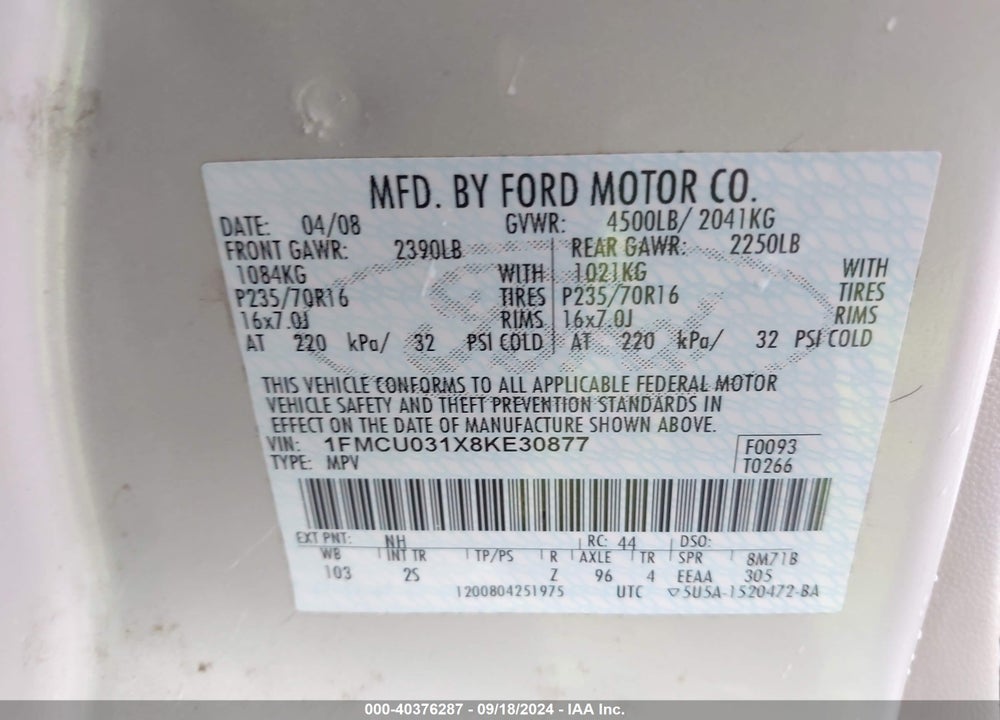 2008 FORD ESCAPE XLT VIN: 1FMCU031X8KE30877