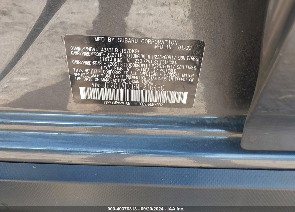 2022 SUBARU CROSSTREK PREMIUM VIN: JF2GTAEC6NH216430