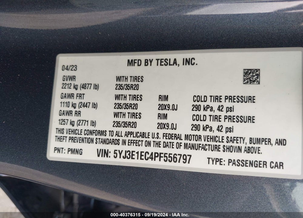 2023 TESLA MODEL 3 PERFORMANCE DUAL MOTOR ALL-WHEEL DRIVE VIN: 5YJ3E1EC4PF556797