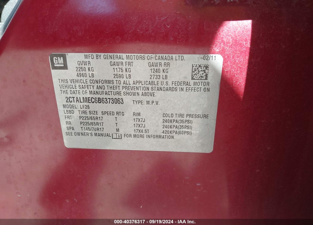 2011 GMC TERRAIN SLE-1 VIN: 2CTALMEC6B6373063