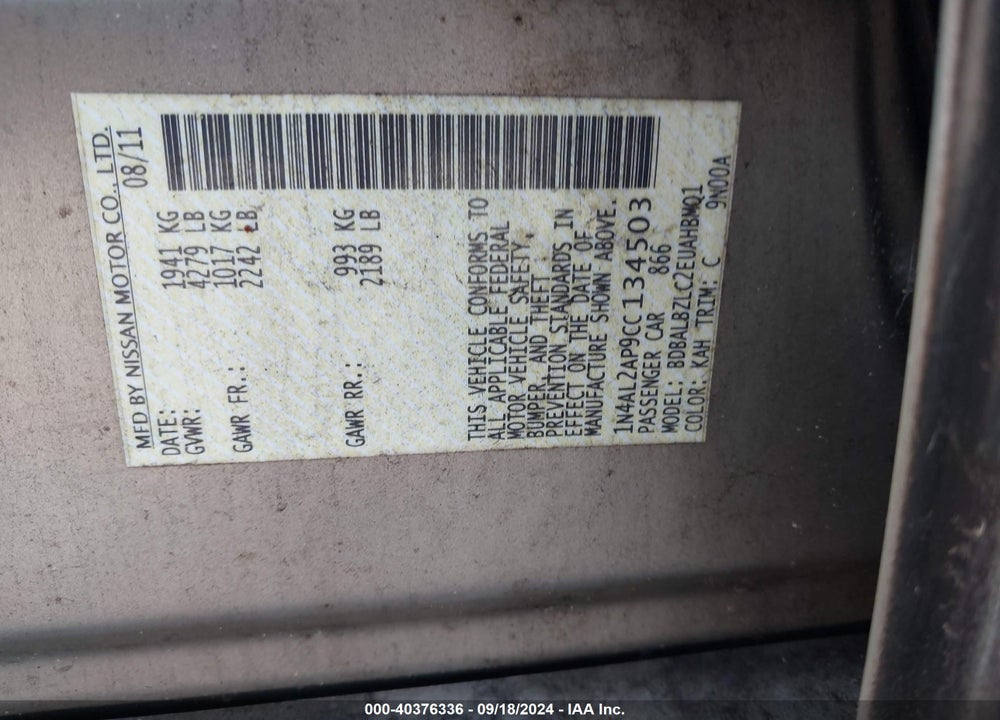 2012 NISSAN ALTIMA 2.5 S VIN: 1N4AL2AP9CC134503