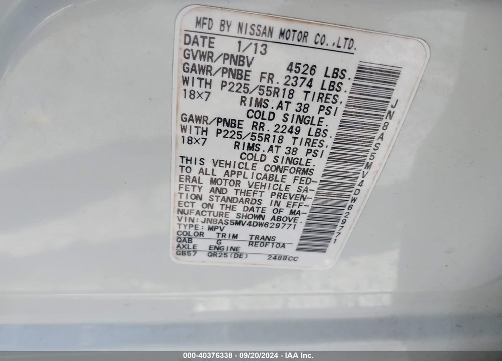 2013 NISSAN ROGUE SV W/SL PKG VIN: JN8AS5MV4DW629771