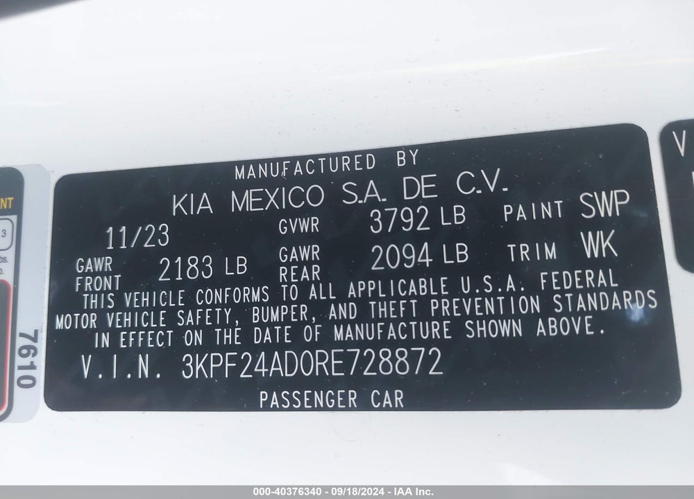 2024 KIA FORTE LXS VIN: 3KPF24AD0RE728872