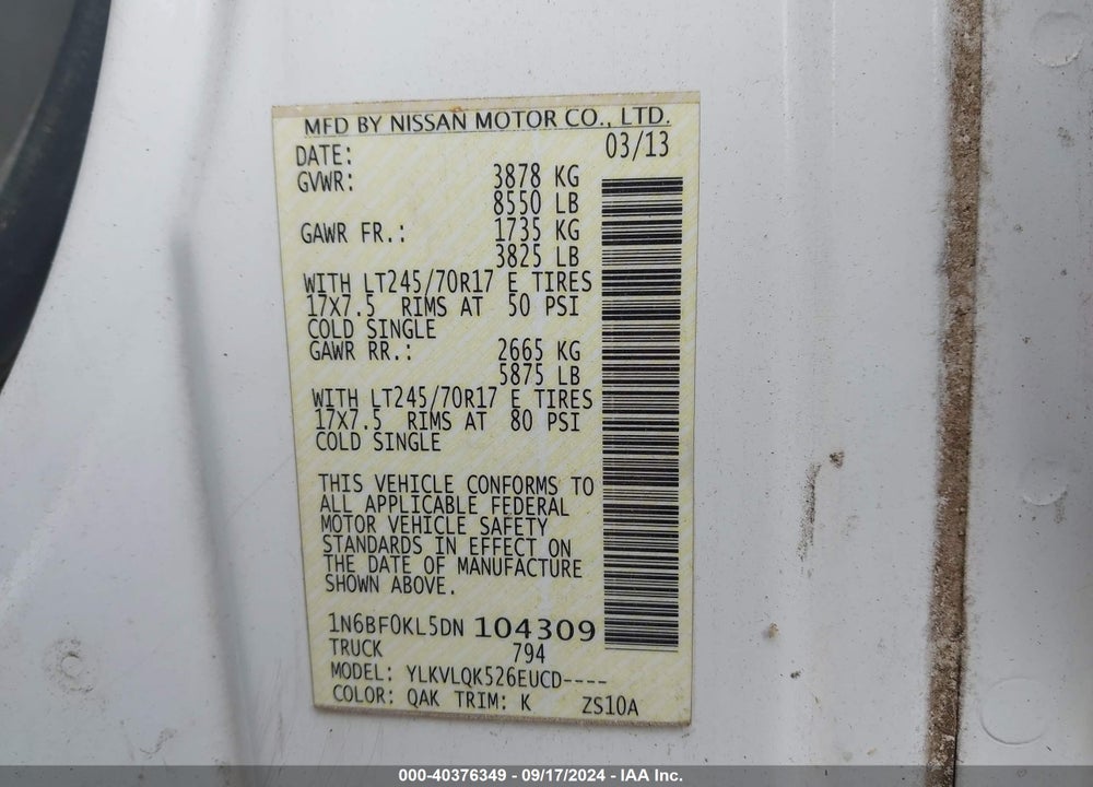 2013 NISSAN NV CARGO NV1500 S V6 VIN: 1N6BF0KL5DN104309