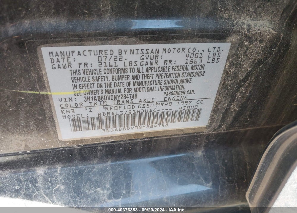 2022 NISSAN SENTRA SR XTRONIC CVT VIN: 3N1AB8DV0NY284748