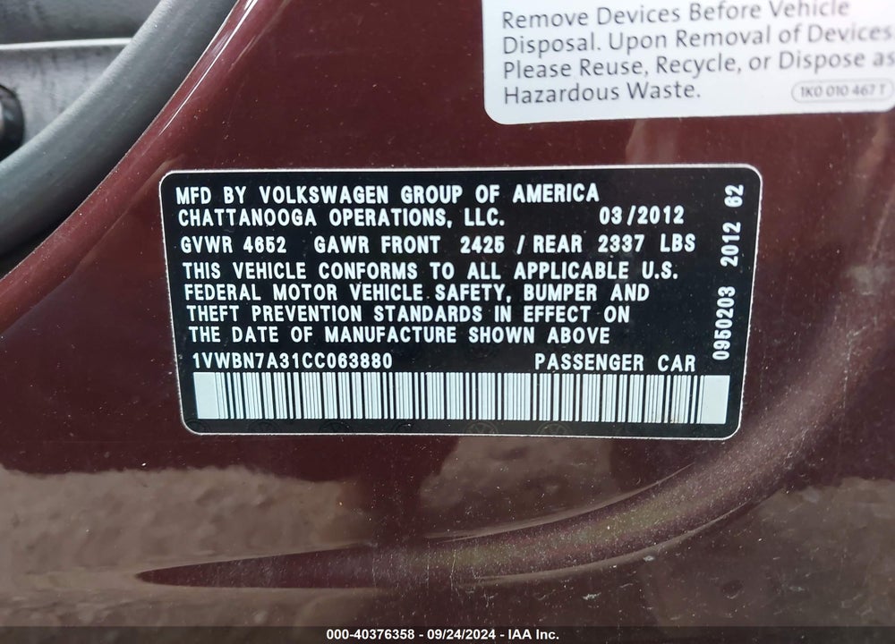 2012 VOLKSWAGEN PASSAT 2.0L TDI SE VIN: 1VWBN7A31CC063880