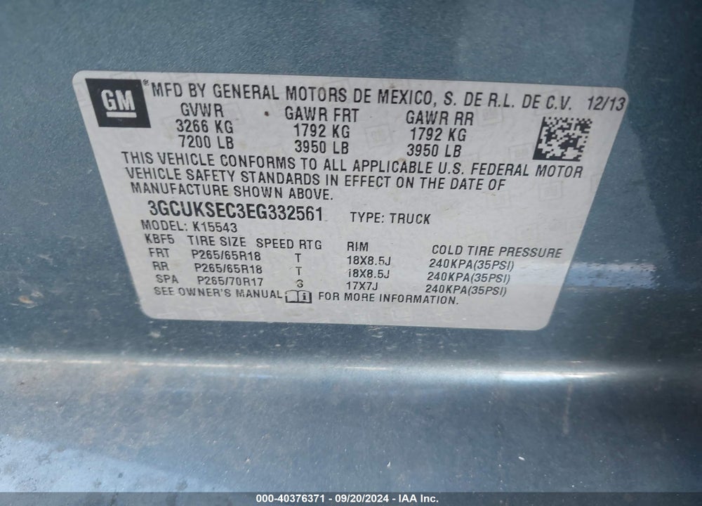 2014 CHEVROLET SILVERADO 1500 2LZ VIN: 3GCUKSEC3EG332561
