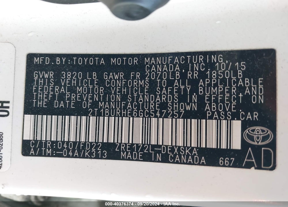 2016 TOYOTA COROLLA S PLUS VIN: 2T1BURHE6GC547257