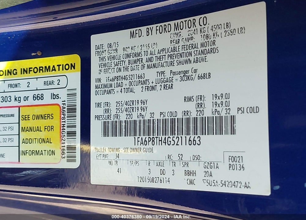 2016 FORD MUSTANG ECOBOOST VIN: 1FA6P8TH4G5211663