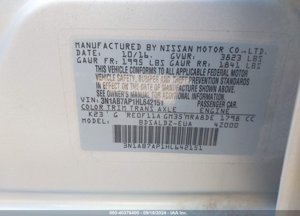 2017 NISSAN SENTRA SV VIN: 3N1AB7AP1HL642151
