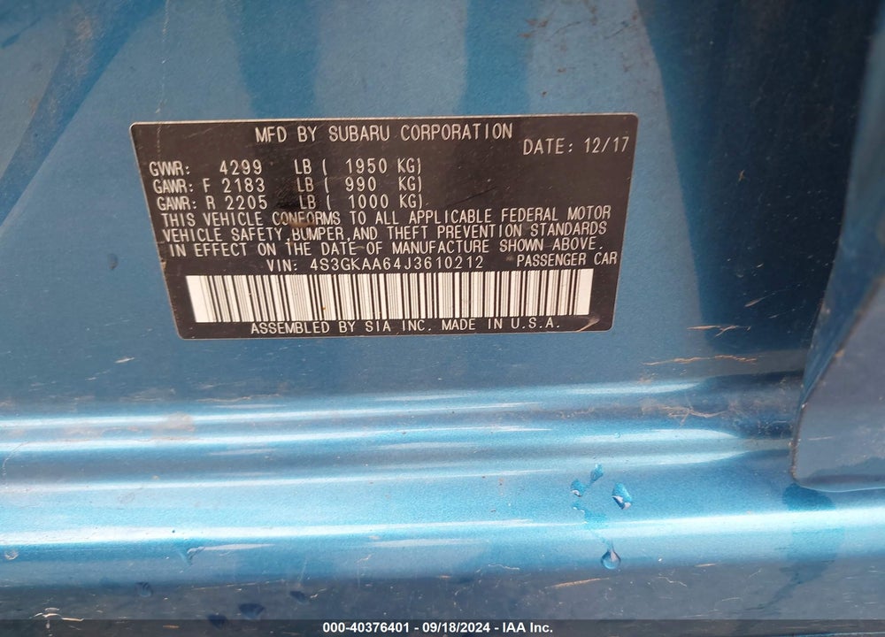 2018 SUBARU IMPREZA 2.0I VIN: 4S3GKAA64J3610212