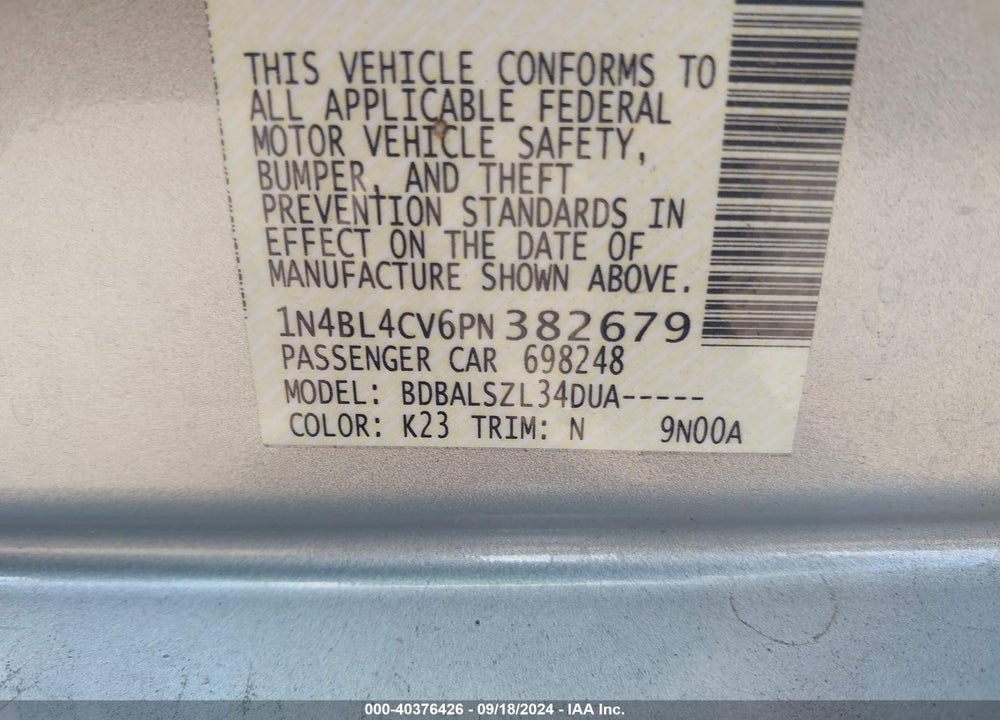 2023 NISSAN ALTIMA SR FWD VIN: 1N4BL4CV6PN382679