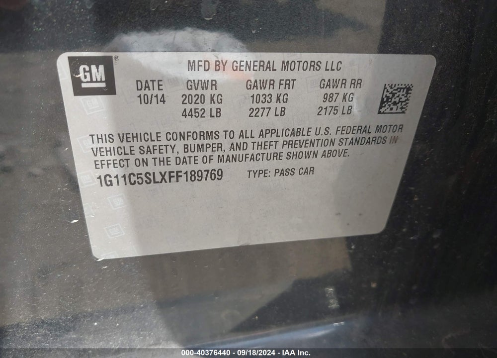 2015 CHEVROLET MALIBU 1LT VIN: 1G11C5SLXFF189769