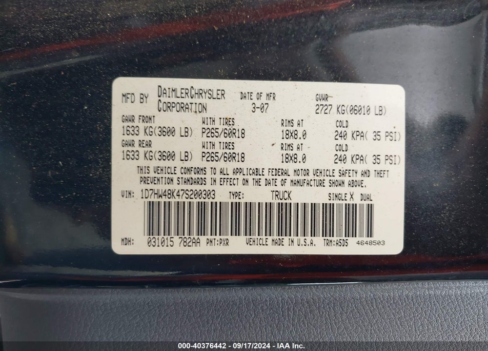 2007 DODGE DAKOTA SLT VIN: 1D7HW48K47S200303