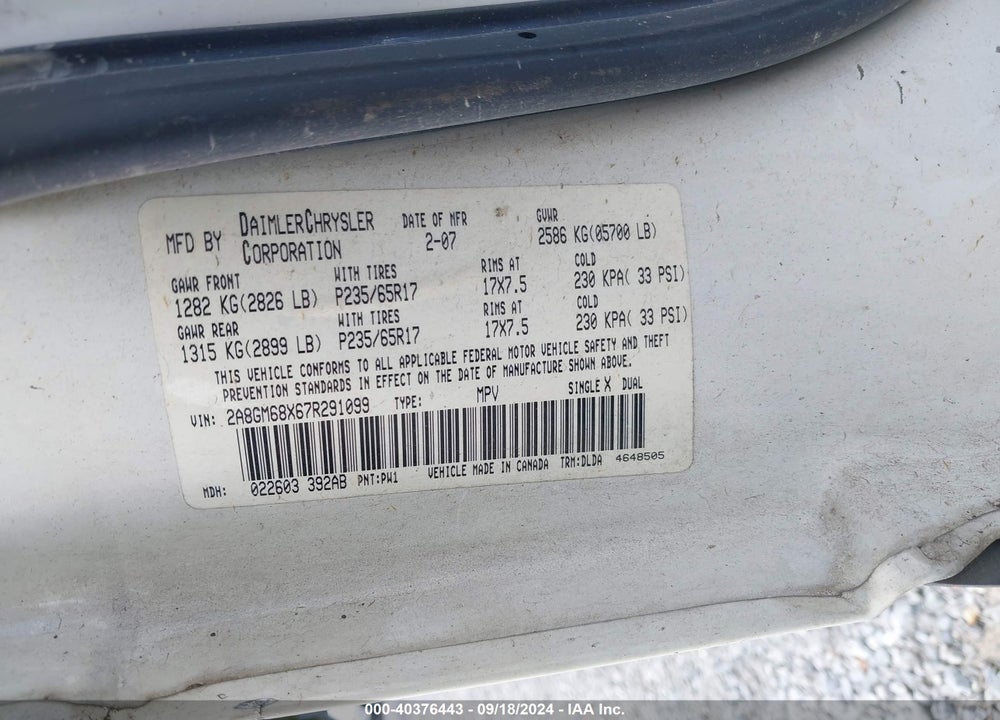 2007 CHRYSLER PACIFICA TOURING VIN: 2A8GM68X67R291099