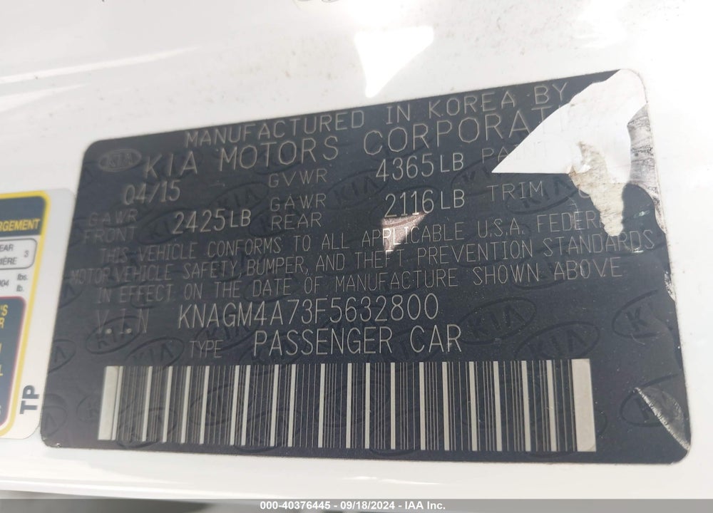 2015 KIA OPTIMA LX VIN: KNAGM4A73F5632800
