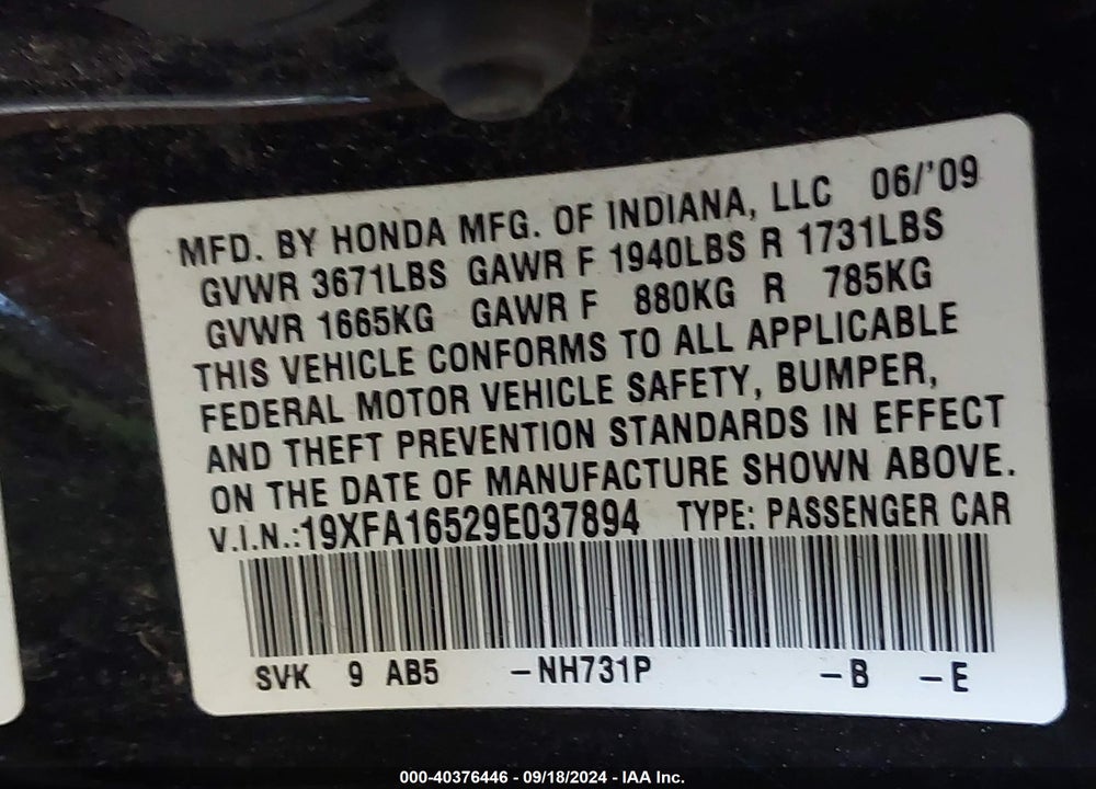 2009 HONDA CIVIC LX VIN: 19XFA16529E037894