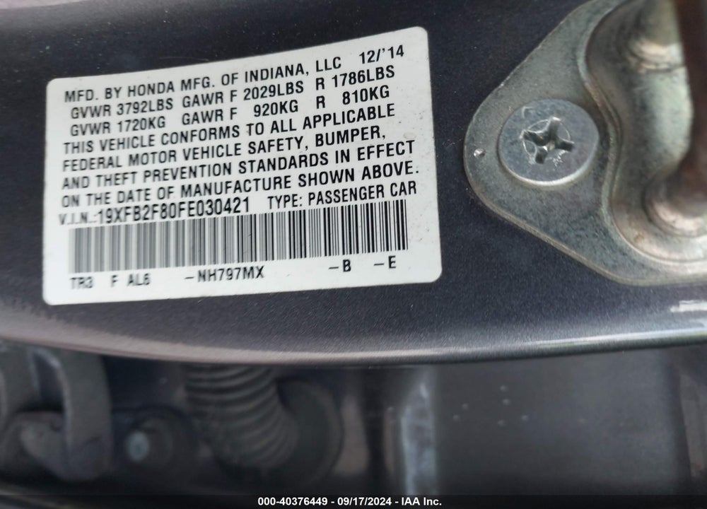 2015 HONDA CIVIC EX VIN: 19XFB2F80FE030421