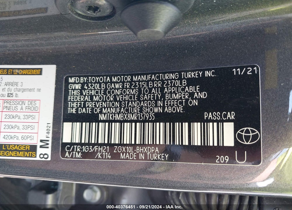 2021 TOYOTA C-HR LE VIN: NMTKHMBX8MR137935