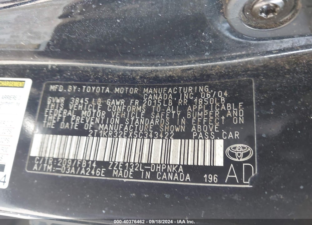 2005 TOYOTA MATRIX/XR VIN: 2T1KR32EX5C343422