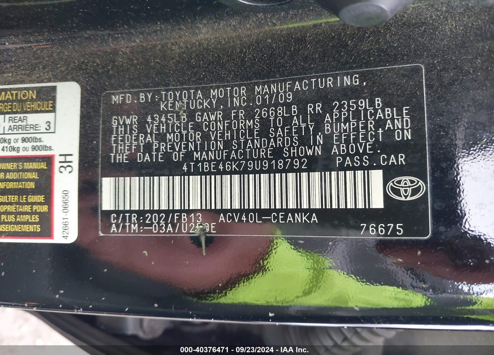 2009 TOYOTA CAMRY LE VIN: 4T1BE46K79U918792