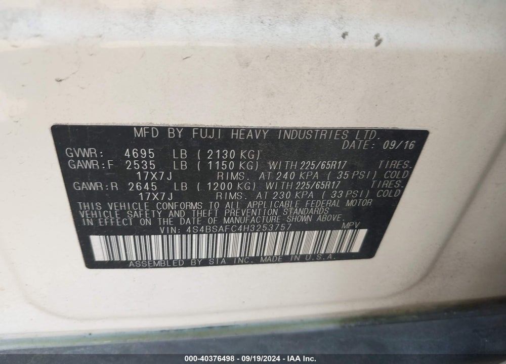 2017 SUBARU OUTBACK 2.5I PREMIUM VIN: 4S4BSAFC4H3253757