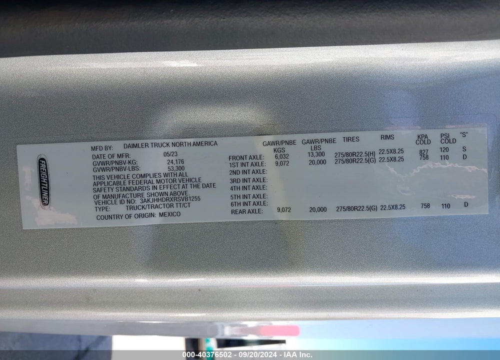 2024 FREIGHTLINER CASCADIA 126 VIN: 3AKJHHDRXRSVB1255