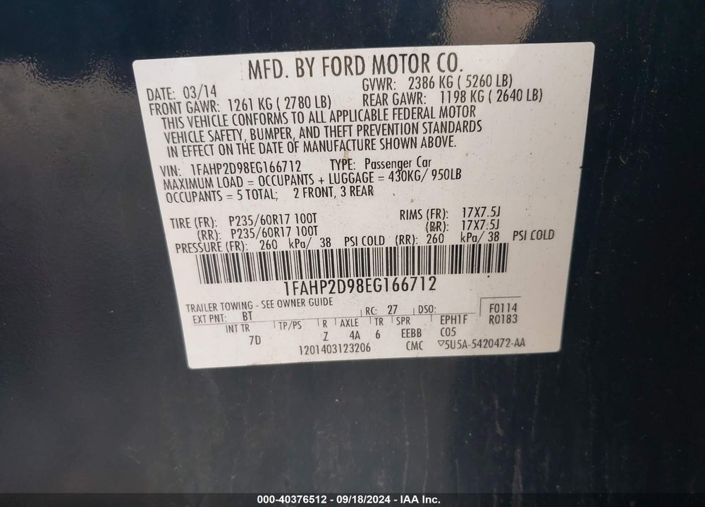 2014 FORD TAURUS SE VIN: 1FAHP2D98EG166712