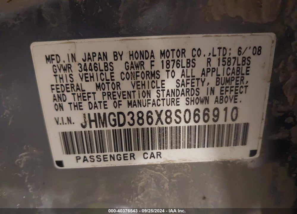 2008 HONDA FIT SPORT VIN: JHMGD386X8S066910