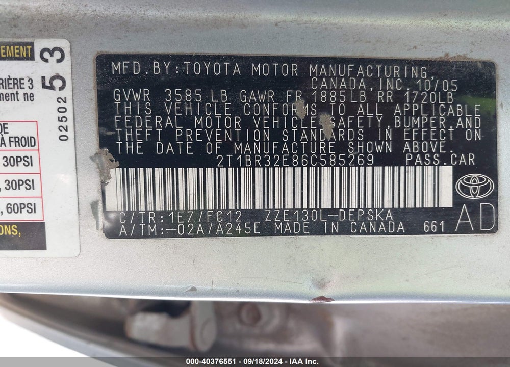 2006 TOYOTA COROLLA S VIN: 2T1BR32E86C585269