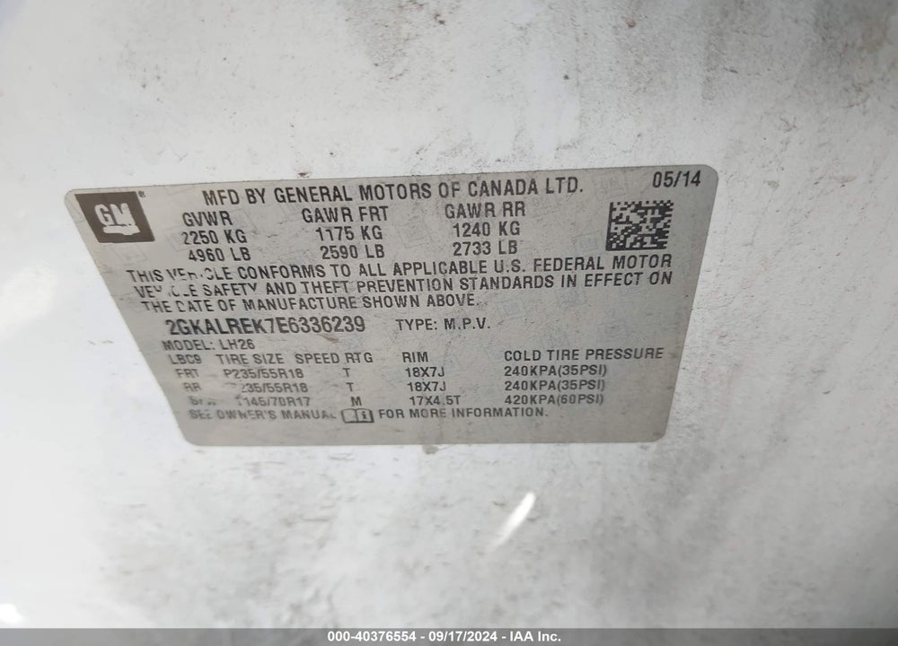 2014 GMC TERRAIN SLE-2 VIN: 2GKALREK7E6336239
