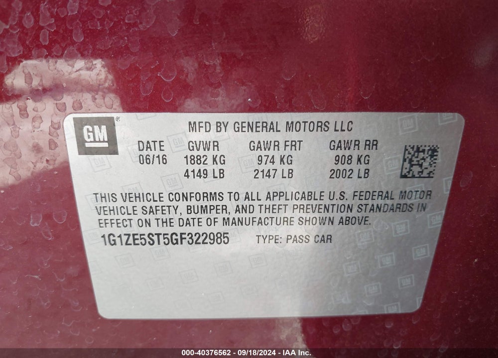 2016 CHEVROLET MALIBU VIN: 1G1ZE5ST5GF322985