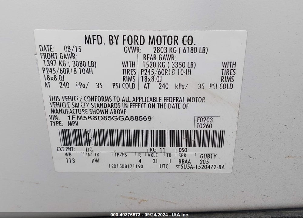 2016 FORD EXPLORER XLT VIN: 1FM5K8D85GGA88569