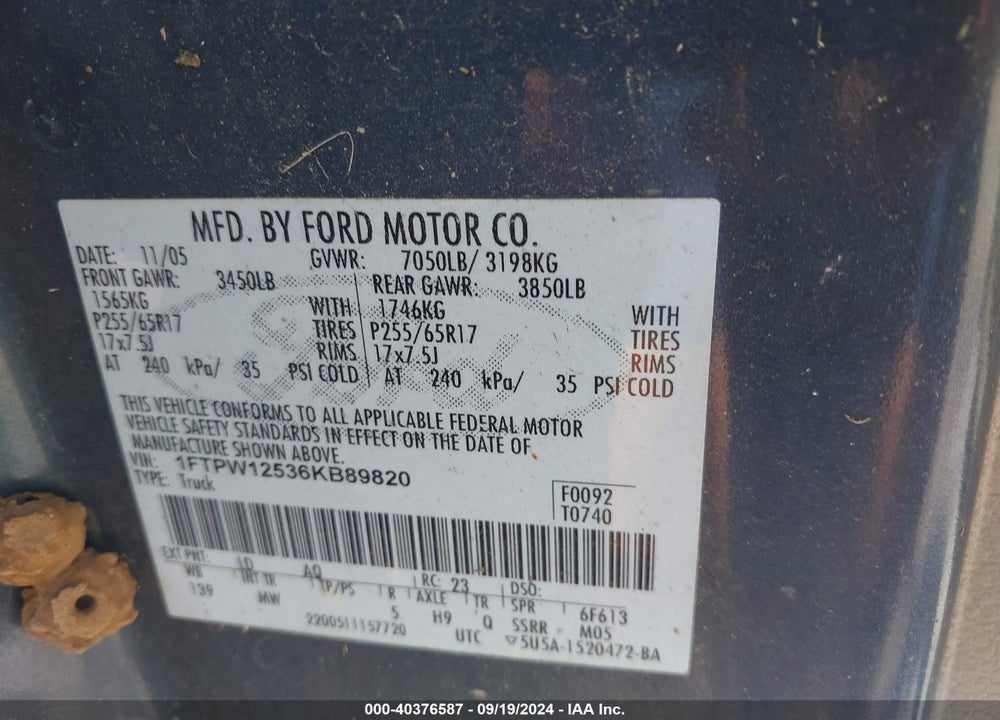 2006 FORD F-150 LARIAT/XLT VIN: 1FTPW12536KB89820