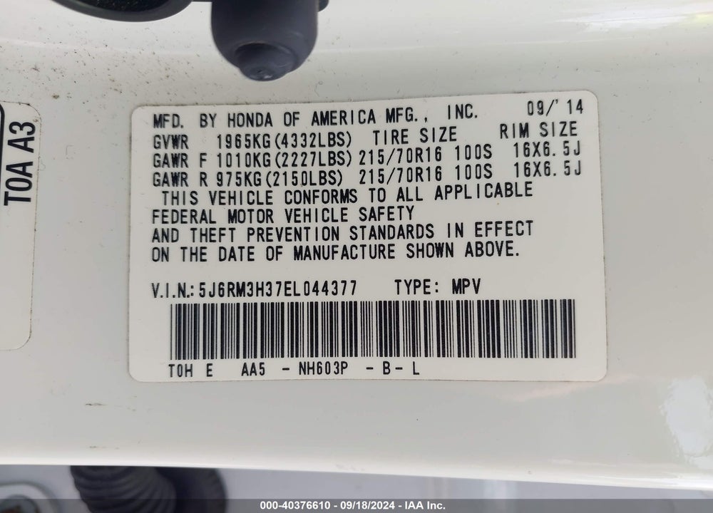 2014 HONDA CR-V LX VIN: 5J6RM3H37EL044377