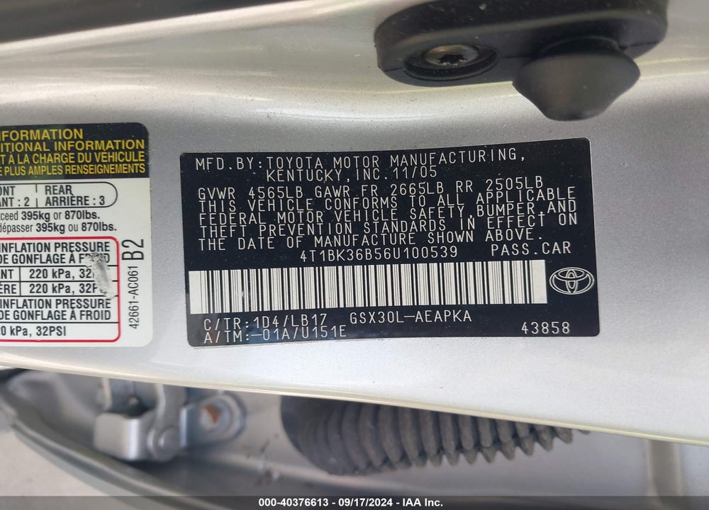 2006 TOYOTA AVALON LIMITED VIN: 4T1BK36B56U100539