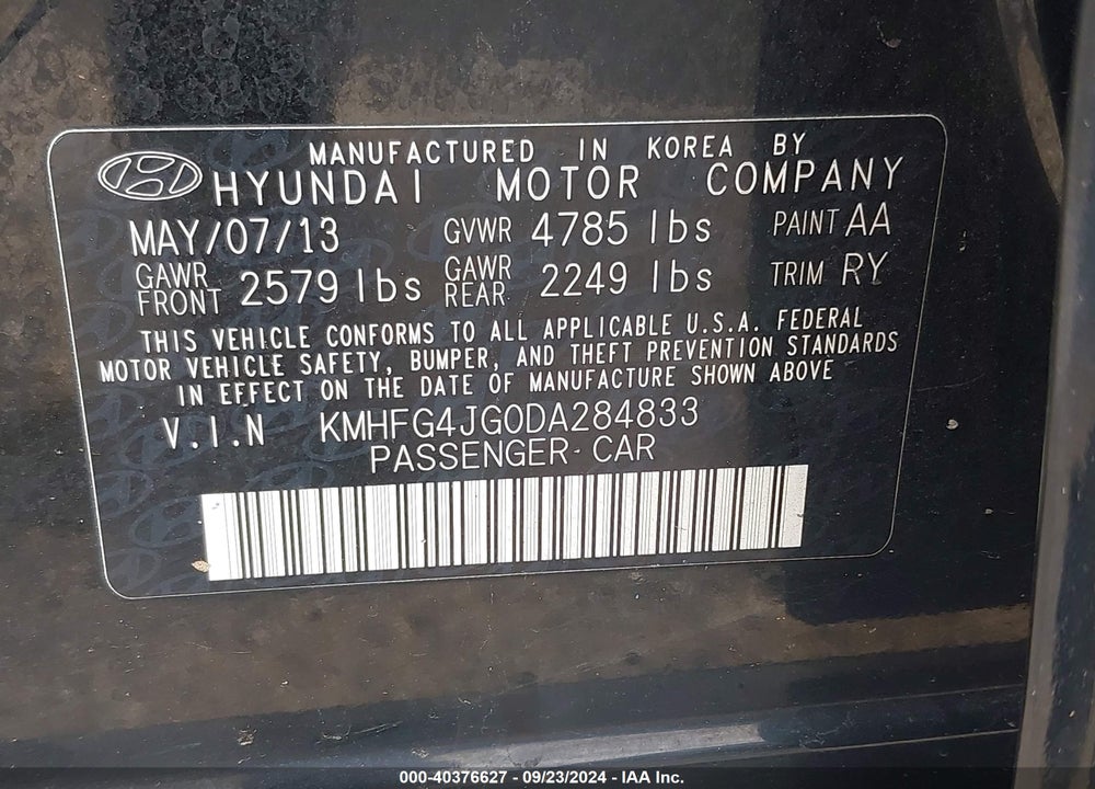 2013 HYUNDAI AZERA VIN: KMHFG4JG0DA284833